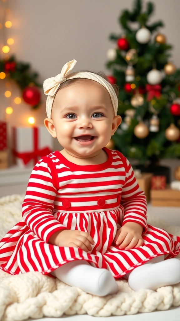 A smiling baby girl in a red and white striped dress with a headband, surrounded by Christmas decorations.